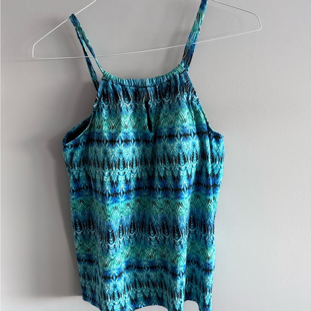 Miraclesuit Tankini Swim Top Blue Green Abstract Print Shelf Bra Size 14
